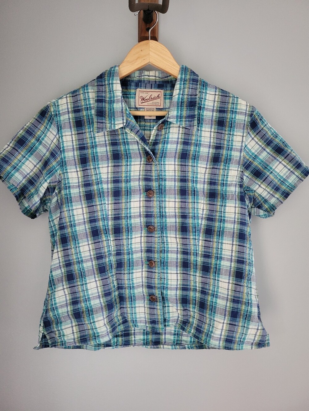 Woolrich Womens Short Sleeve Top Size M Blue Green Plaid Button Up